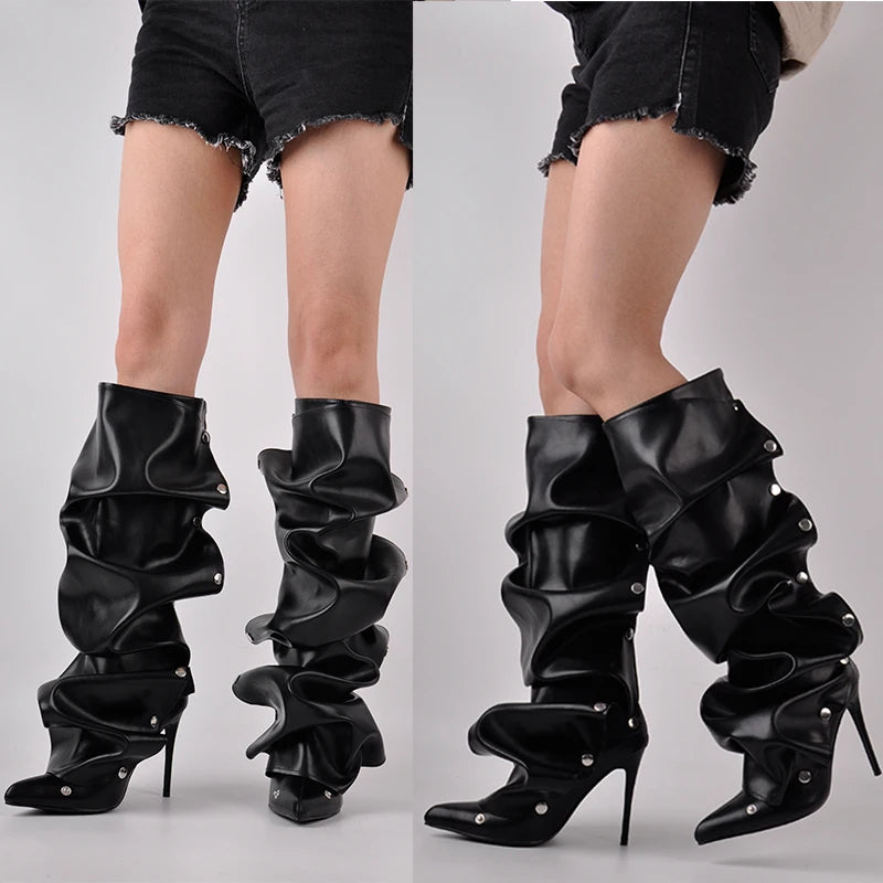Pointed Toe Pleated Thin Heel Knee High Boots