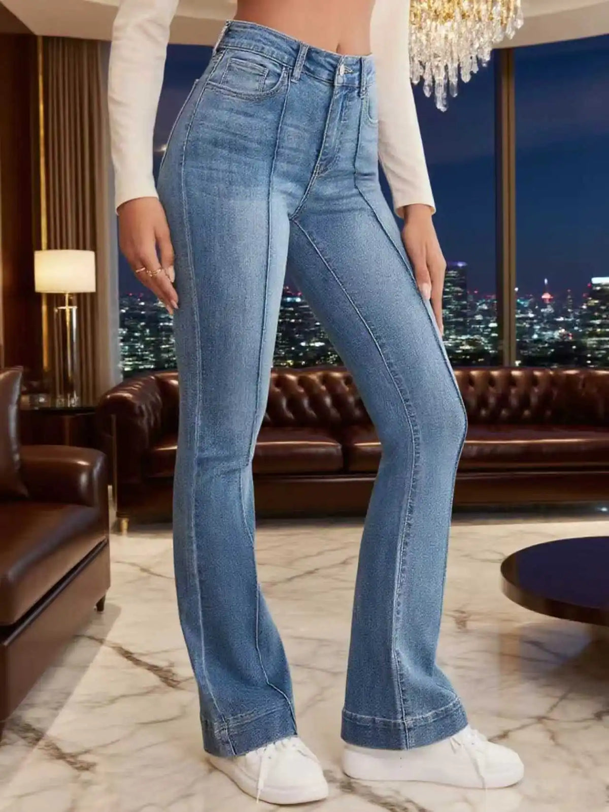 Vaqueros acampanados elásticos grises para mujer, detalle de costura francesa, diseño simple, versátil, corte de bota adelgazante, pantalones para mujer, vaqueros