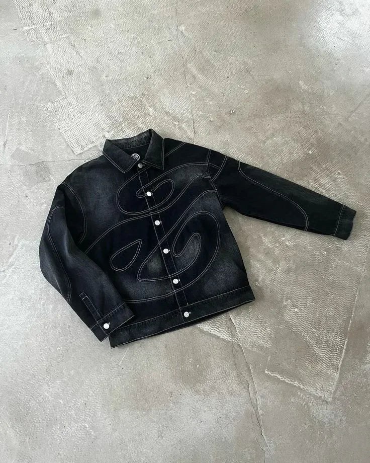 Patch Jeans Retro Striped Embroidered Jacket Two-Piece Set