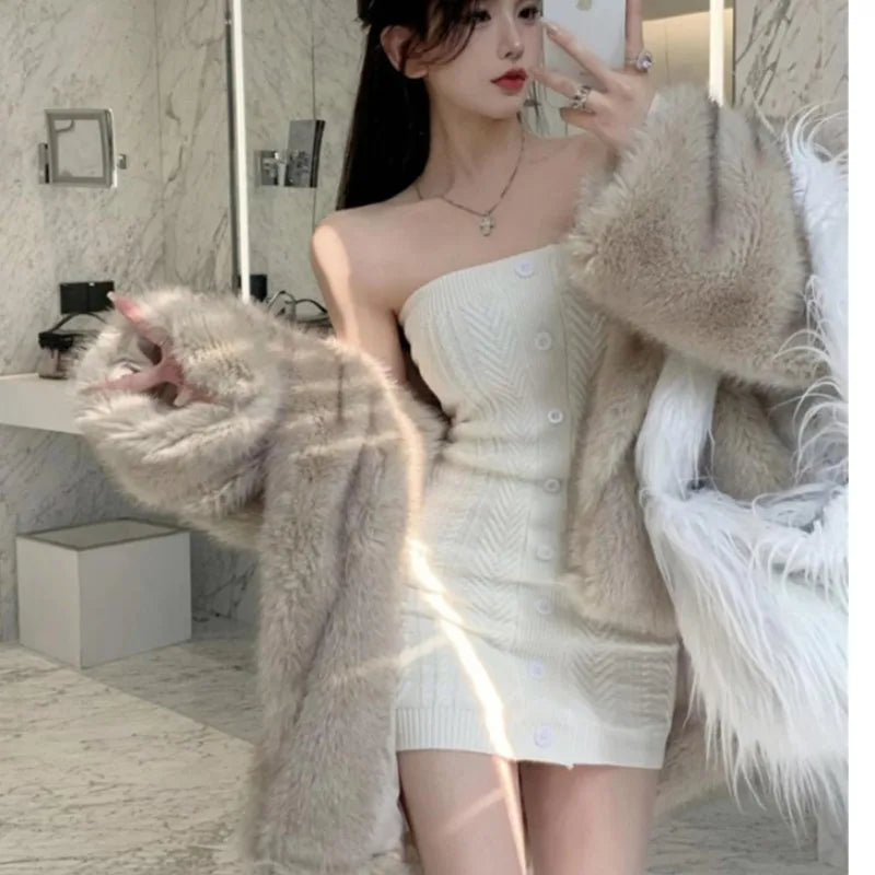 Off-Shoulder Button-Front Tube Mini Dress