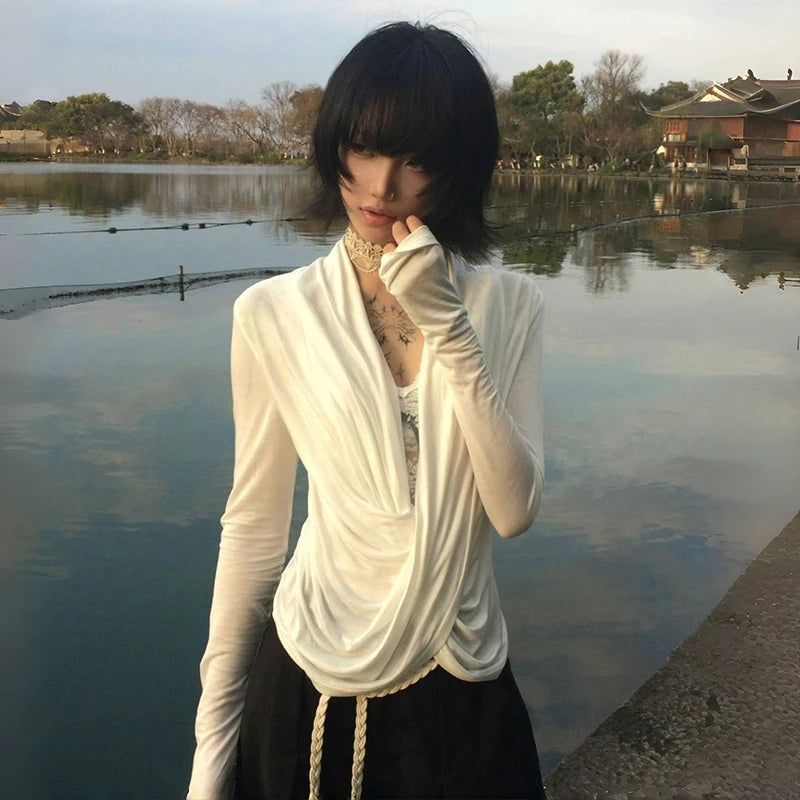 Asymmetric Draped Cross Long Sleeve Top