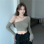 Irregular Off-shoulder Long Sleeve T-shirt