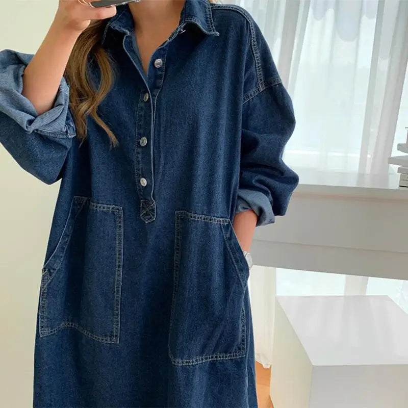 2025 Nuevo vestido vaquero coreano retro suelto de mujer estilo occidental grande, informal, con cuello, abertura, para el trabajo, versátil y que reduce la edad