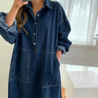 2025 Nuevo vestido vaquero coreano retro suelto de mujer estilo occidental grande, informal, con cuello, abertura, para el trabajo, versátil y que reduce la edad