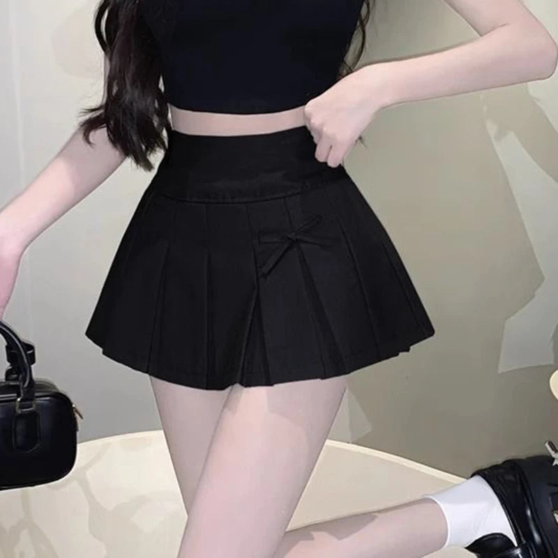 Falda plisada para mujer con lazo, minifalda coreana de moda, falda corta de cintura alta, ropa de calle para mujer, falda de baile, tenis, falda acampanada para mujer.
