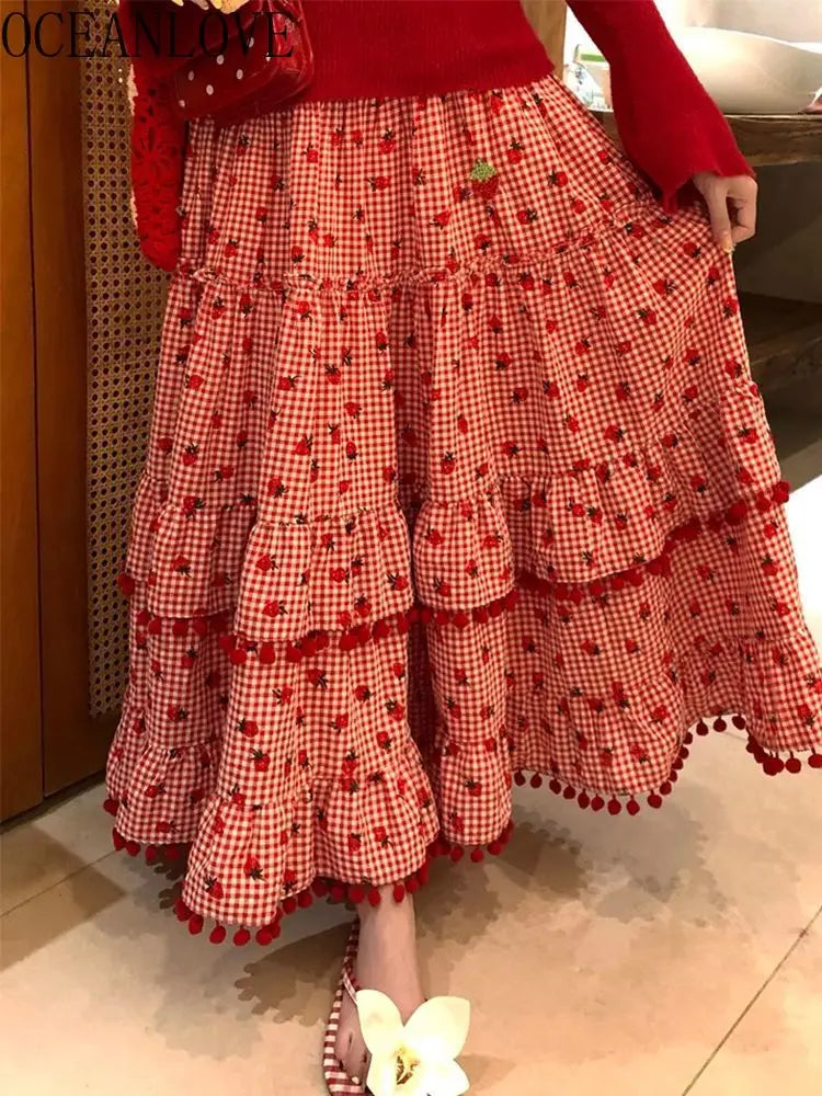 OCEANLOVE Dulce Falda de Mujer Fresa con Volantes Retro Cuadros Rojos Linda Falda Larga Moda Coreana Primavera Verano Faldas Mujer