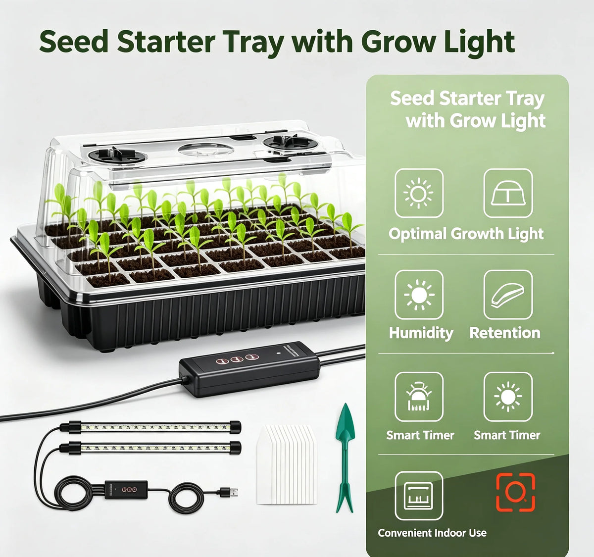 HTMCK 1 Set, Seed Starter Trays With 2 Long Strip Grow Lights, 40 Cells Seed Starter Kit With Humidity Dome For Home Gardene