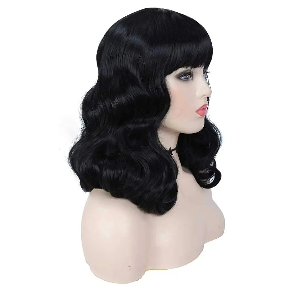 Tereshar Synthetic Rockabilly Vintage Wigs for Women Short Black Wig with Bangs Heat Resistant Short Curly Bettie Page Wig
