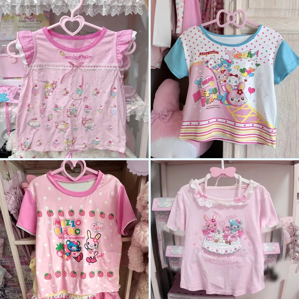 Blusa Estampada Kawaii Sweet Lolita para Mujer Manga con Volantes Encaje Camiseta con Ribete de Lazo Decoración Personaje de Dibujos Animados Estampado Integral Top Lindo