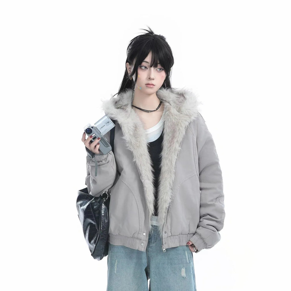 Abrigo Otoño Nuevo Elegante Forro de Piel Holgado Mujer Y2k Cuello de Piel con Capucha Parkas Gruesas de Moda Abrigo Casual Chaquetas Acolchadas de Algodón