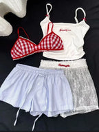 Conjunto de 4 Piezas de Encaje: Top de Tirantes Escote V Elástico Cuadros + Pantalón Corto con Lazo