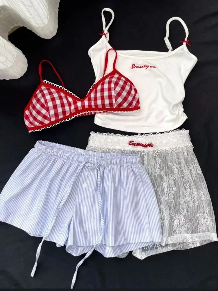 Conjunto de 4 Piezas de Encaje: Top de Tirantes Escote V Elástico Cuadros + Pantalón Corto con Lazo