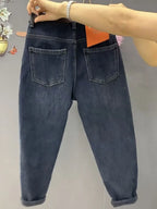 Otoño Invierno Jeans Rectos de Cintura Alta para Mujer, Pantalones Vaqueros Haren Elásticos de Ajuste Holgado, Pantalones Vaqueros Vintage Hasta el Tobillo para Mujer 5XL