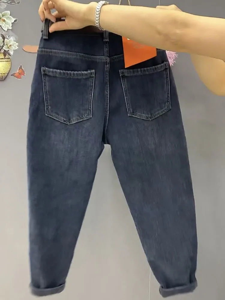 Otoño Invierno Jeans Rectos de Cintura Alta para Mujer, Pantalones Vaqueros Haren Elásticos de Ajuste Holgado, Pantalones Vaqueros Vintage Hasta el Tobillo para Mujer 5XL