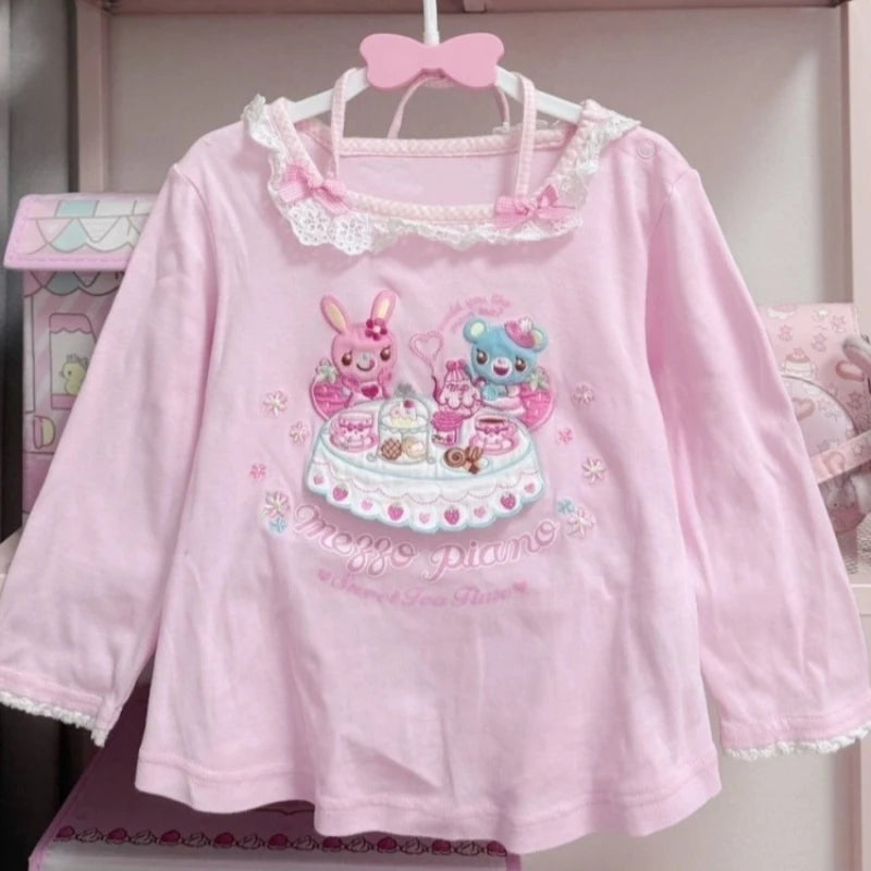 Blusa Estampada Kawaii Sweet Lolita para Mujer Manga con Volantes Encaje Camiseta con Ribete de Lazo Decoración Personaje de Dibujos Animados Estampado Integral Top Lindo