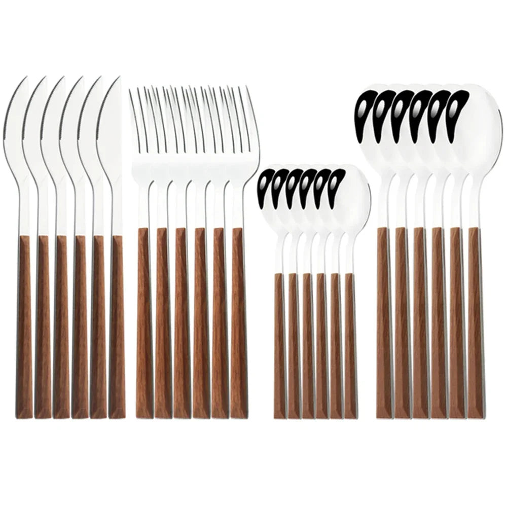 16/24/30Pcs Stainless Steel Imitation Wooden Handle Cutlery Se