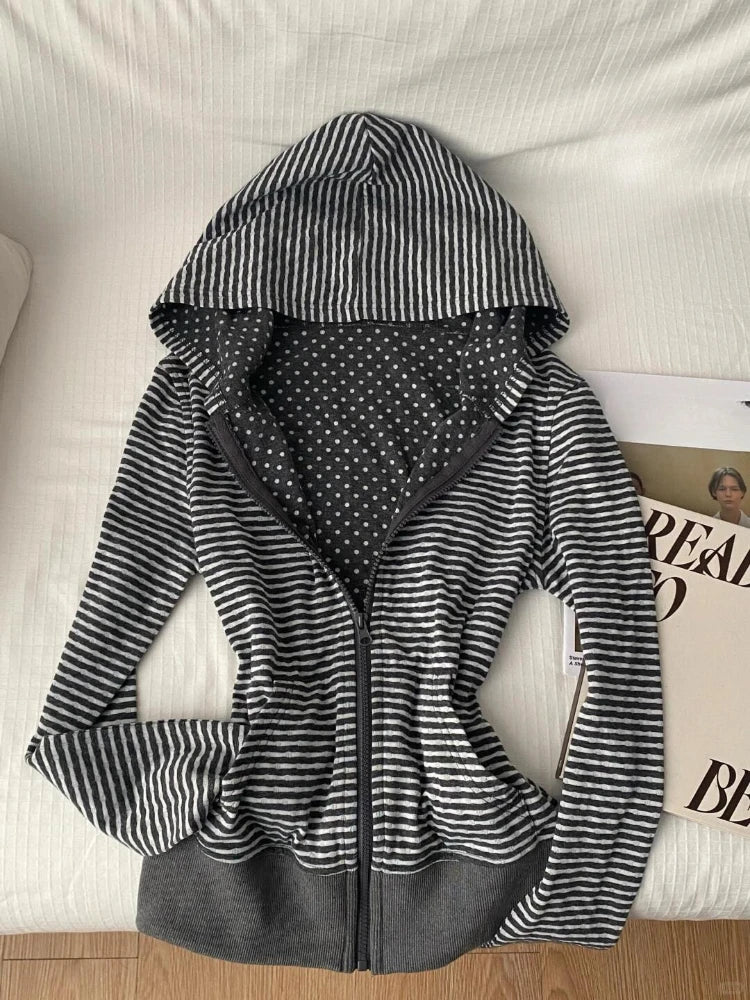 Cárdigan con capucha estilo Spice Girl, retro dulce americano, nuevo, ajustado, a rayas y lunares, abrigo de moda, ropa vintage de otoño de calle, estilo Y2K