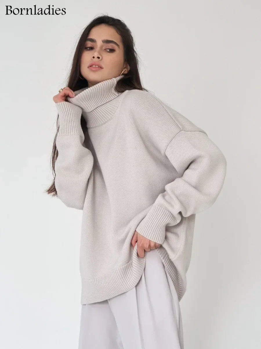 Bornladies Jersey de cuello alto para mujer CHIC Otoño Invierno Jersey grueso y cálido para mujer Jersey de punto holgado informal de gran tamaño para mujer