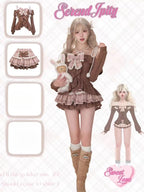 Bow Knitted Cardigan + Ruffles Plaid Mini Skirt Set