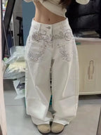 Vaqueros Anchos de Mujer, Pantalones de Mezclilla Blanca Bordados, Ajuste Ancho, Estilo Y2K Japonés Harajuku 2000s Americano Retro Grunge Marea High Street Nuevo