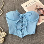 Tops sin espalda para mujer, nueva llegada, cuello tipo slash, sujetador incorporado, ombliguera, con cordones, camisola ajustada, verano, vintage, gallus, dropship