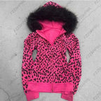 Sudadera con capucha de mujer con estampado de leopardo, cuello de piel, patrón de ala, cremallera, estilo urbano, tops Trash Punk Hip Hop Rock Retro Moda Casual Y2K