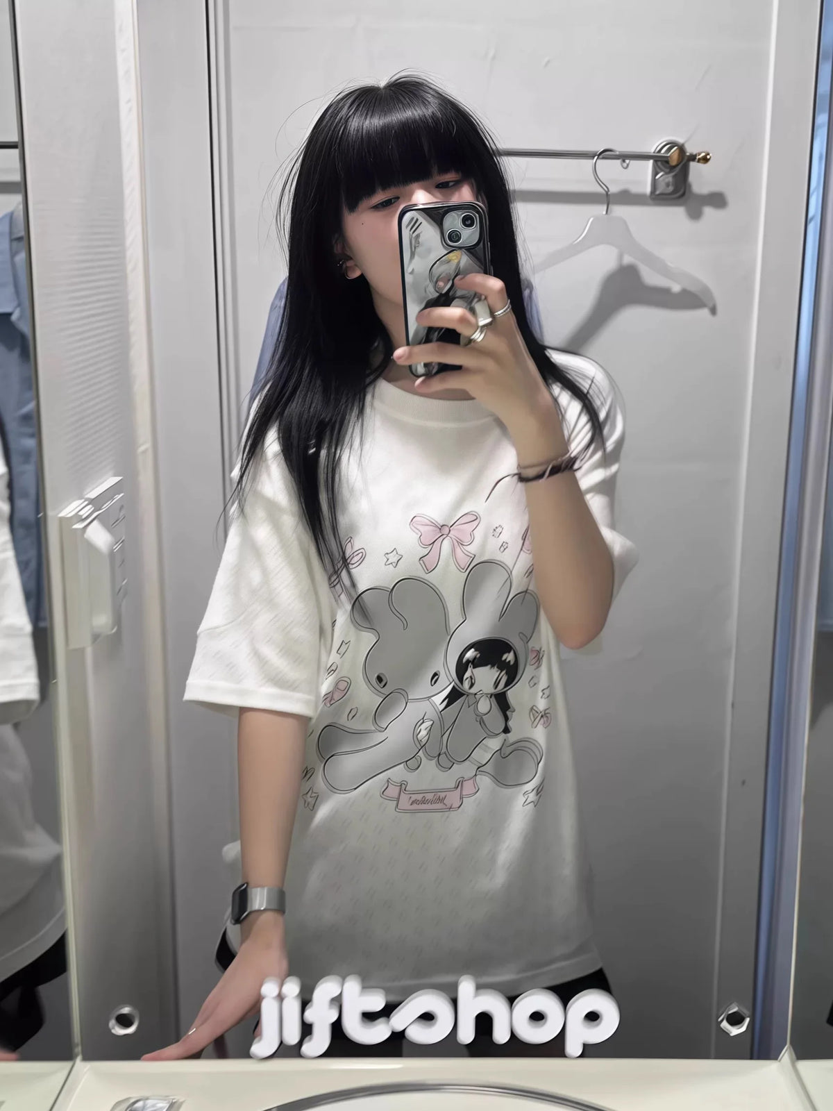 bunny girl print O Neck Top