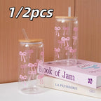 1/2pcs Pink Bow Glass Cup with Bamboo Wood Lid and Straw