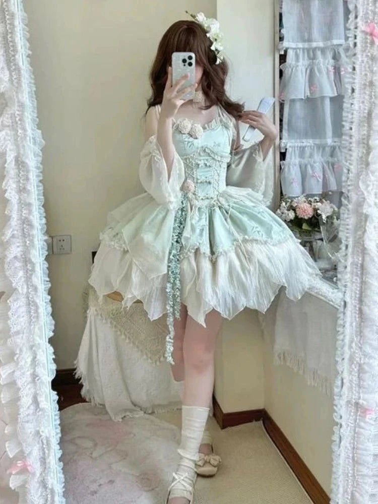 Vestido Lolita Elegante Dulce Estampado de Frutas Kawaii Vestido de Princesa de Manga Corta para Mujer Lindo Lazo Cuello Peter Pan Vestido de Fiesta para Chicas Atrevidas