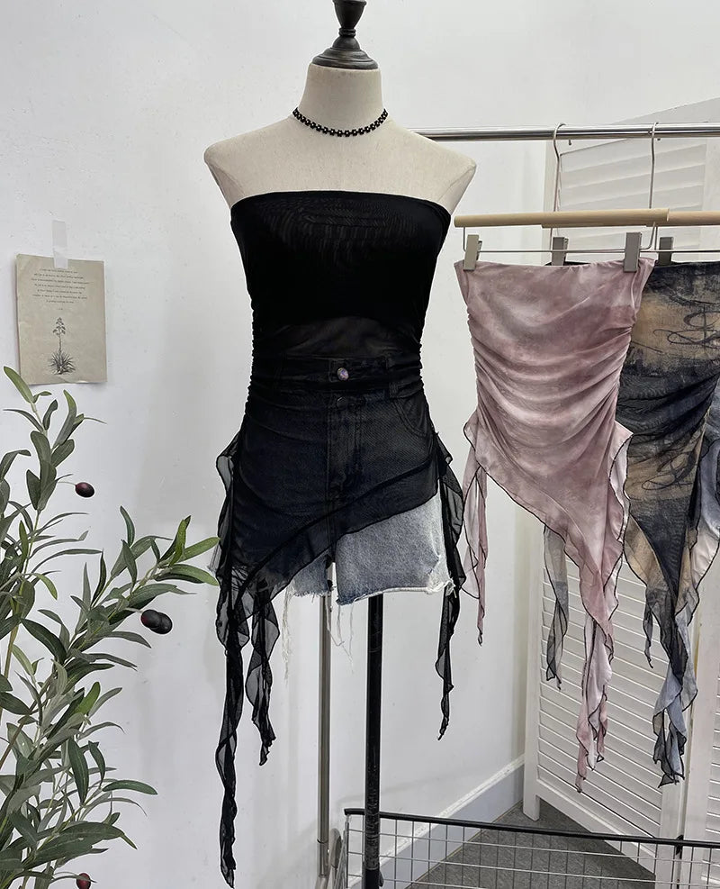 Tie-Dye Mesh Ruffle Edge Asymmetric Tube Top