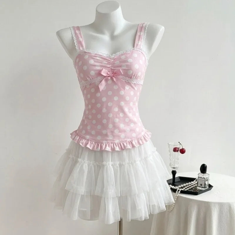 Polka Dot Lace Patchwork Crop Tank Top