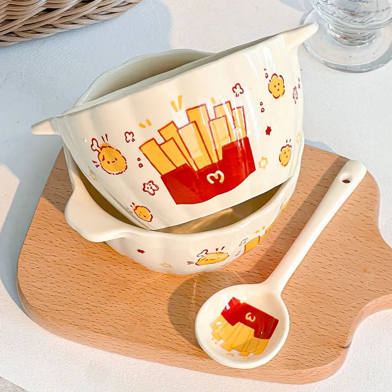 French Fries Ceramic Double Handle Bowl with Spoon