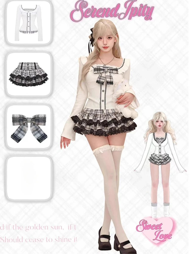 Bow Knitted Cardigan + Ruffles Plaid Mini Skirt Set