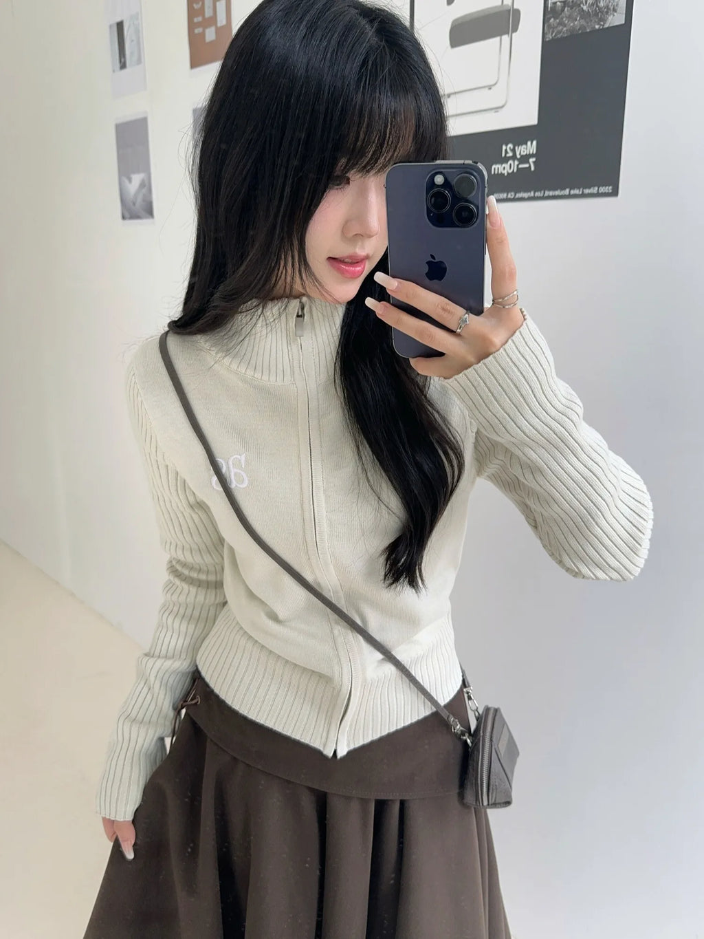 [REコンテナ]Chaqueta de punto con cremallera, cuello alto, color beige liso, estampado con letras bordadas, estilo dulce y atrevido, en stock