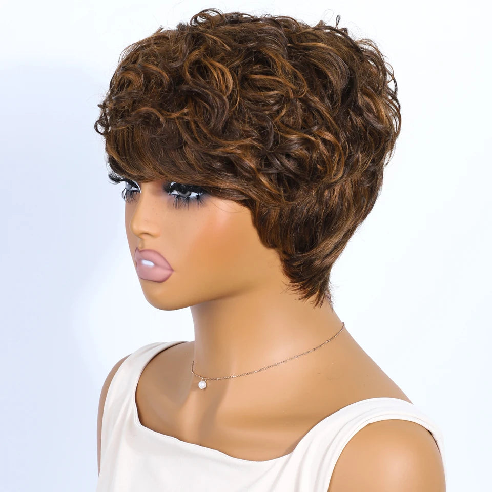 Mixed Brown Short Pixie Cut Curly 100% Human Hair Wig For Women Brazilian Remy Hair Colored Side Part Full Machine Wigs