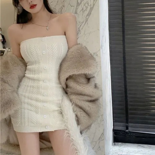 Off-Shoulder Button-Front Tube Mini Dress
