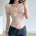Camisetas cortas de manga farol y cuello cuadrado para mujer, estilo dulce urbano, tops casuales, pliegues delgados, moda de verano 2024