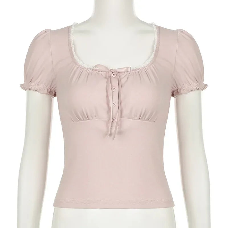 Camisetas cortas de manga farol y cuello cuadrado para mujer, estilo dulce urbano, tops casuales, pliegues delgados, moda de verano 2024