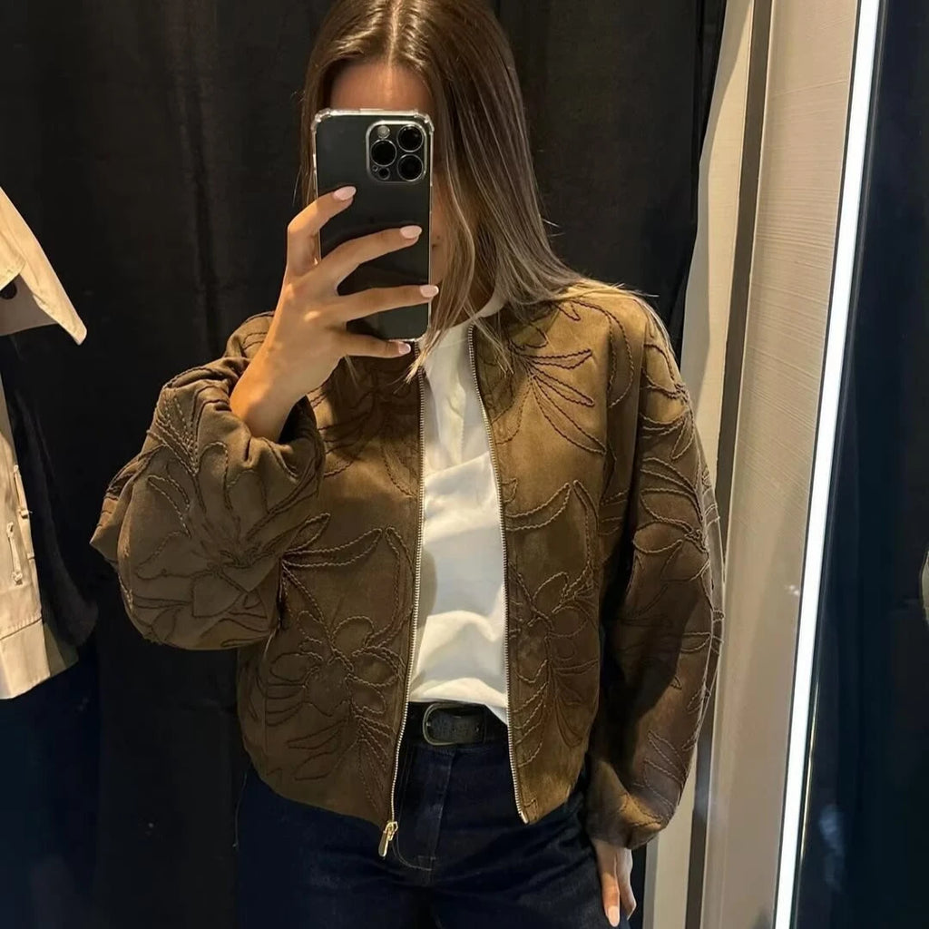 Chaqueta Bomber de Piel Sintética con Bordados para Mujer Suninheart 2025, de Manga Larga, Cuello Redondo, Holgada, Abrigo Corto de Otoño e Invierno