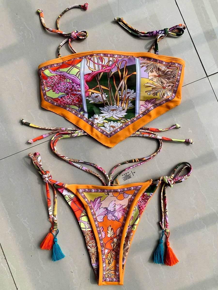 Bikini con top corto estampado 2025 para mujer, biquinis brasileños, traje de baño femenino, conjunto de bikini de dos piezas, bañador de corte alto