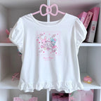 Blusa Estampada Kawaii Sweet Lolita para Mujer Manga con Volantes Encaje Camiseta con Ribete de Lazo Decoración Personaje de Dibujos Animados Estampado Integral Top Lindo