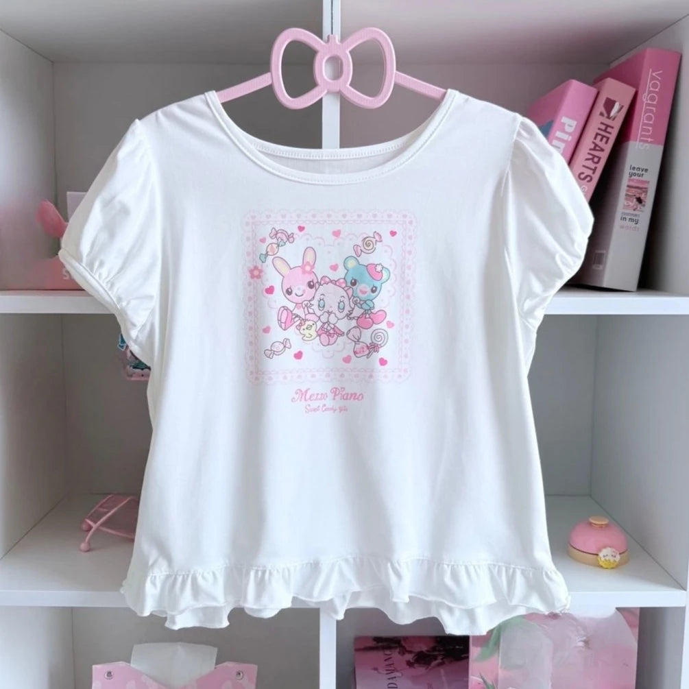 Blusa Estampada Kawaii Sweet Lolita para Mujer Manga con Volantes Encaje Camiseta con Ribete de Lazo Decoración Personaje de Dibujos Animados Estampado Integral Top Lindo
