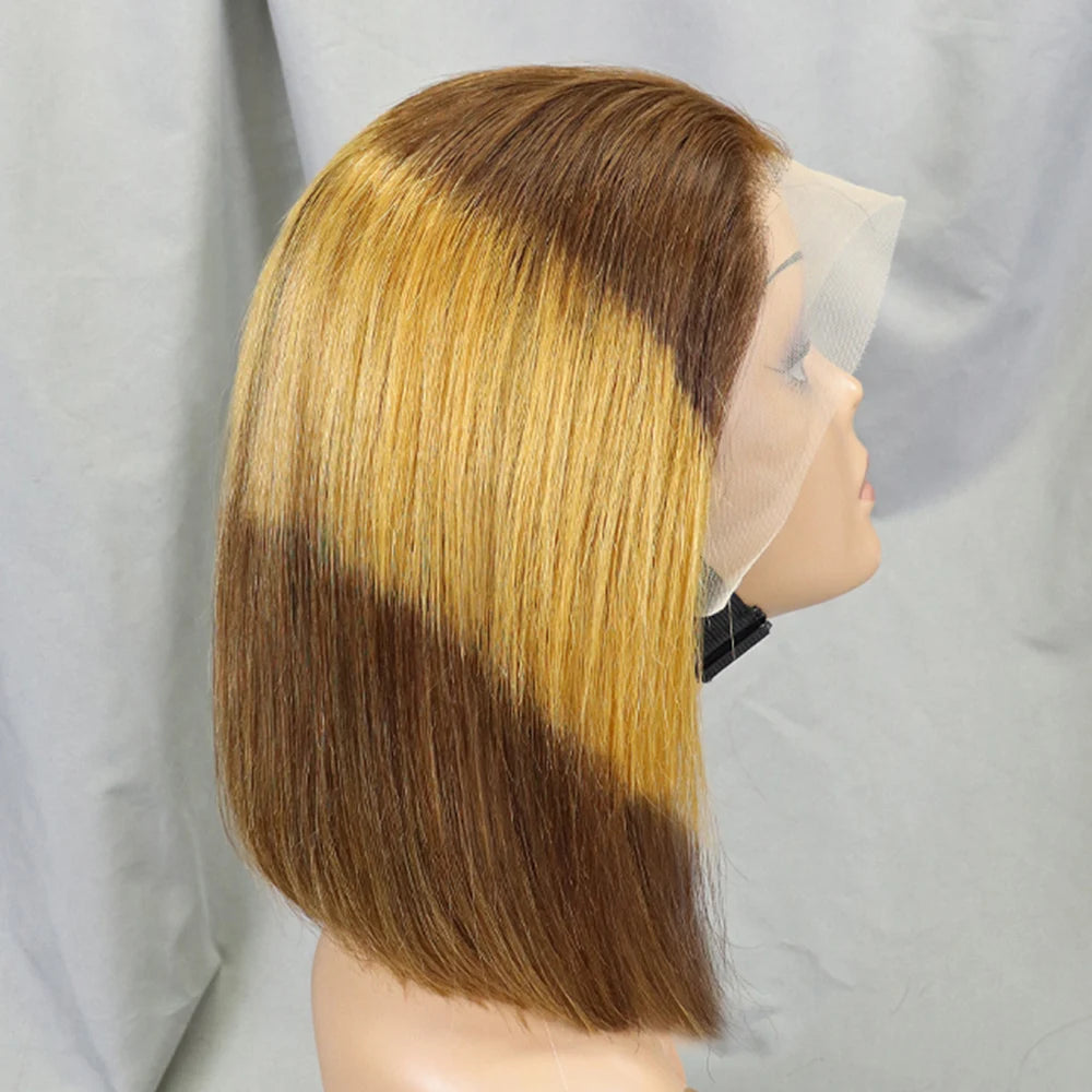 200% Density Bob Straight Human Hair 13x4 Transparent Lace Frontal Human Hair Wigs 100% Human Hair Ginger 99J Colored Wig