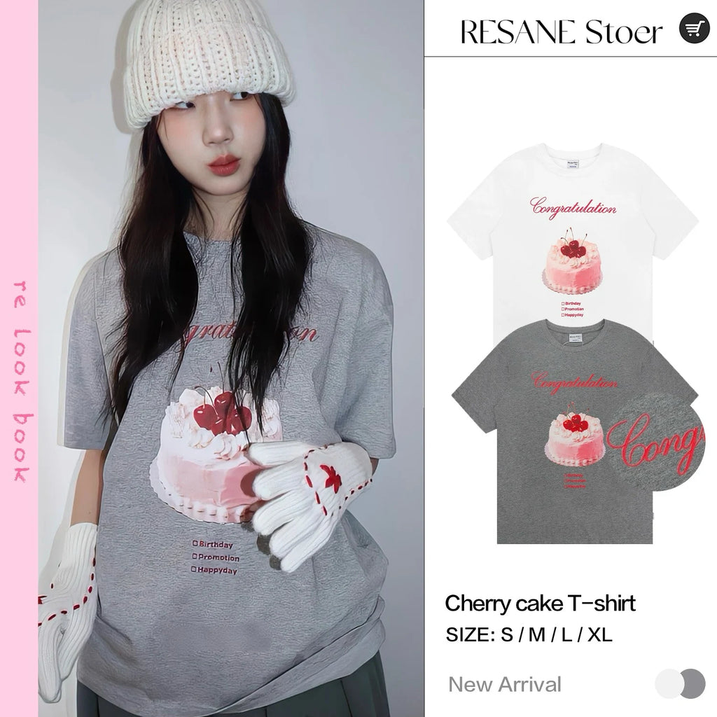 [RE-CON] Camiseta informal de manga corta con estampado de pastel de crema de cereza dulce y linda, versión coreana, 100% algodón