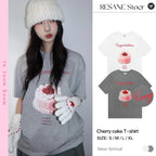 [RE-CON] Camiseta informal de manga corta con estampado de pastel de crema de cereza dulce y linda, versión coreana, 100% algodón