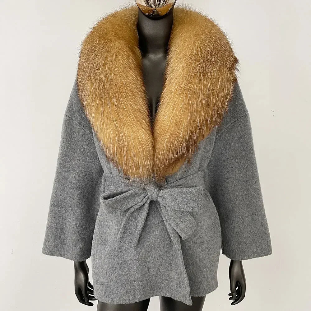 OFTBUY Abrigo de Piel de Zorro Mapache Real 2024 Nuevo Cinturón Bolsillo Invierno Mezcla de Lana Abrigo Mujer Holgado Abrigo Exterior Chaqueta de Piel Casual Ropa de Calle