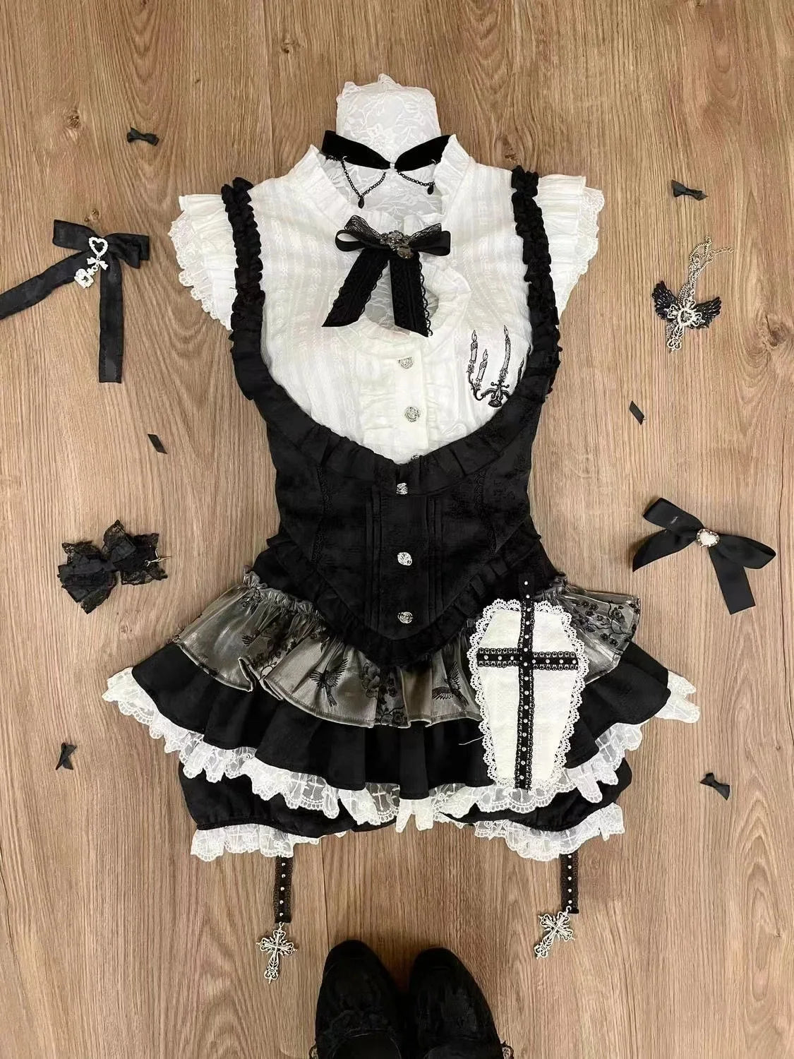 Bow Knitted Cardigan + Ruffles Plaid Mini Skirt Set