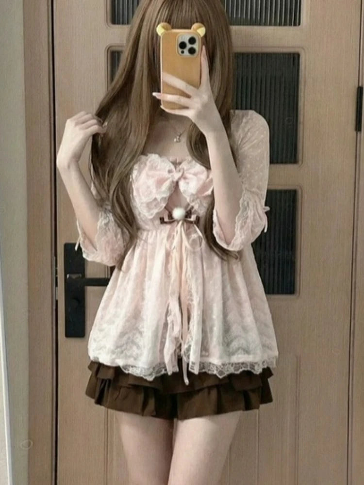 Strap Tops + Cardigan + Skirt Set