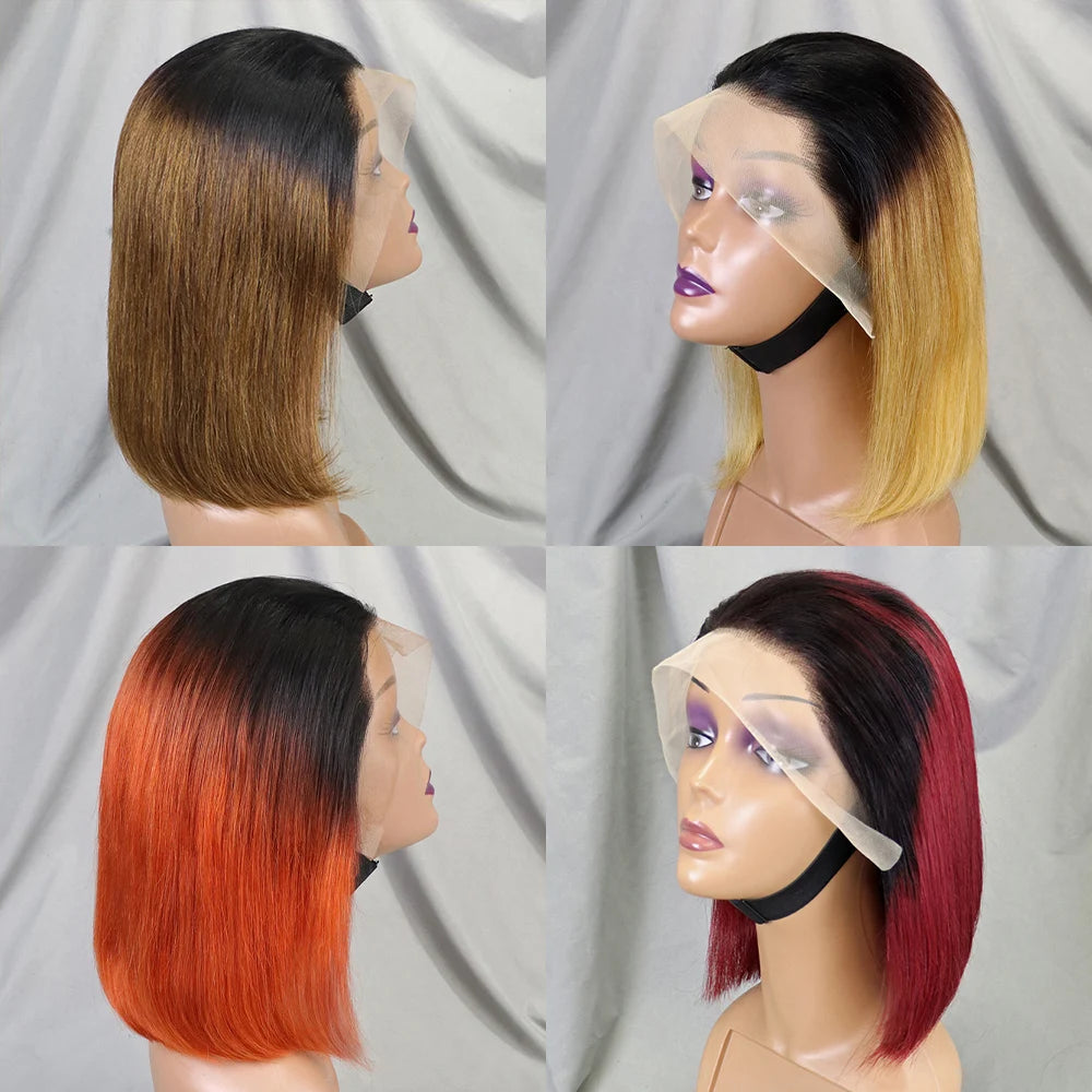 200% Density Bob Straight Human Hair 13x4 Transparent Lace Frontal Human Hair Wigs 100% Human Hair Ginger 99J Colored Wig