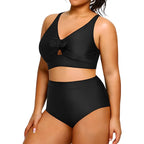 Trajes de baño de dos piezas elegantes negros para mujer, talla grande, control de abdomen, cintura alta, trajes de baño de playa 2024